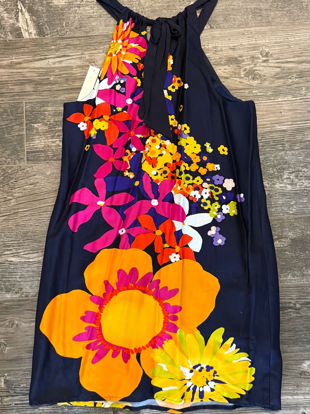 Trina Turk Navy Floral Halter Dress with Orange, Pink & Yellow Blooms - Picture 2 of 3